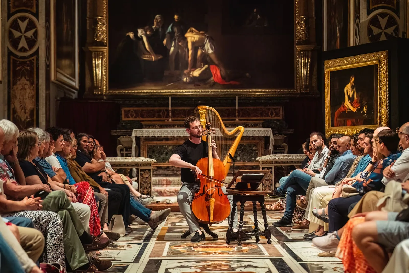 Cello and Baroque harp played to an audience seated close on three sides of the Oratory floor.